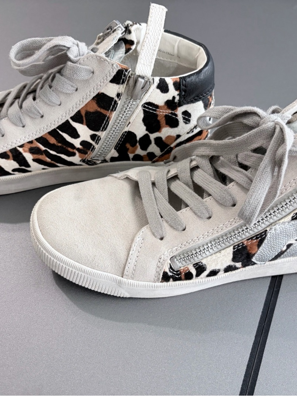 Dolce Vita Light Gray High-Top Sneakers with Leopard Panel - Picture 2 of 4